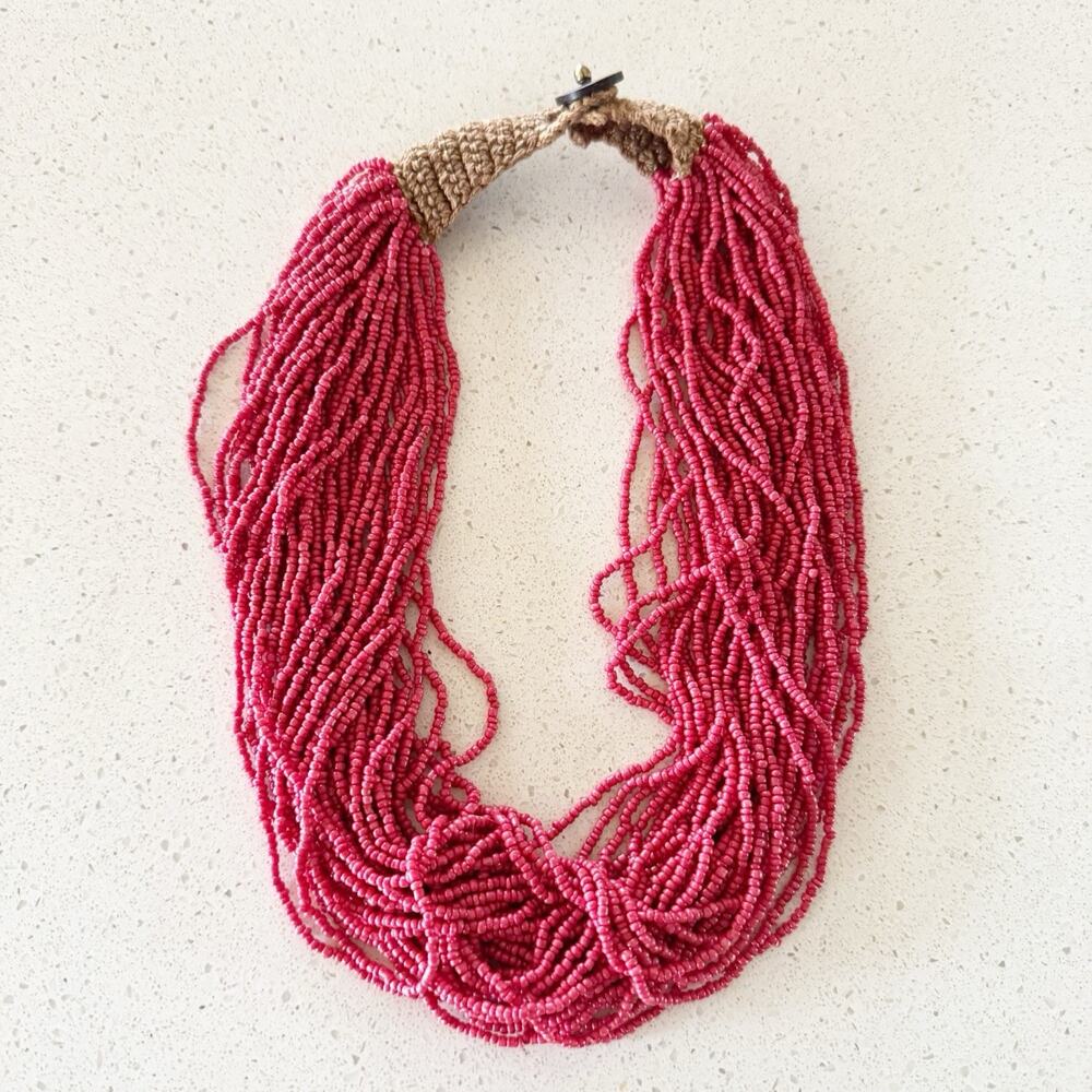 Boho Red Multi Strand Bead Torsade Macrame w Wood Clasp Necklace 10” Drop